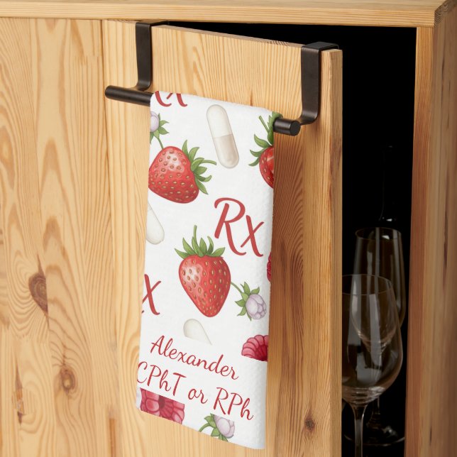 Personalized Strawberry & Capsule Pharmacy  Kitchen Towel (Thirds Fold)