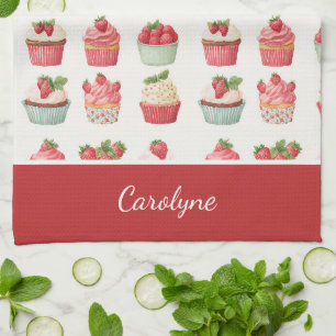 Personalized Strawberry Cupcake Kitchen Towel