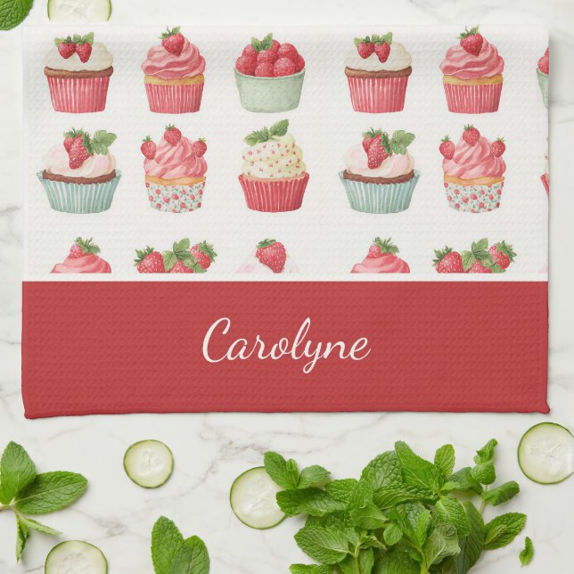 Personalized Strawberry Cupcake Kitchen Towel (Folded)