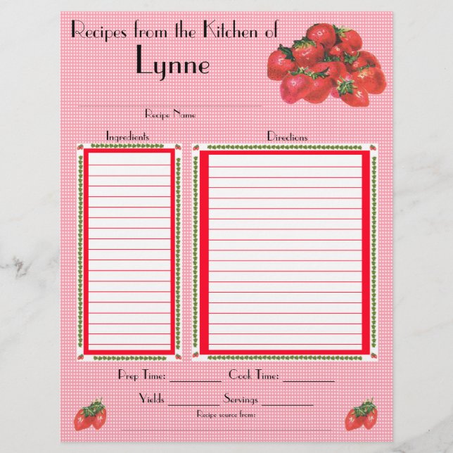 Personalized Strawberry design recipe page (Front)