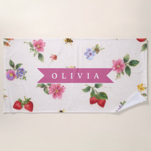 Personalized Strawberry Garden Bee Cottagecore Beach Towel