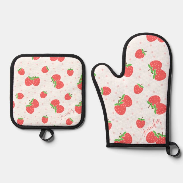 Personalized Strawberry Oven Mitt Cute Custom Kitc & Pot Holder Set (Front)
