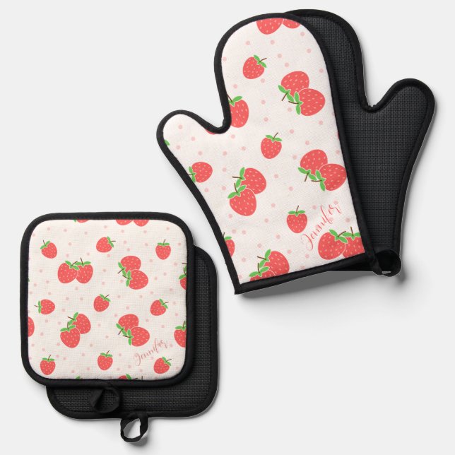Personalized Strawberry Oven Mitt Cute Custom Kitc & Pot Holder Set (Front/Back)