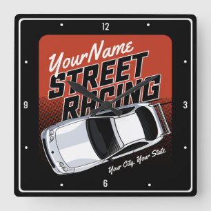 Personalized Street Racing Race Car Motorsport Square Wall Clock