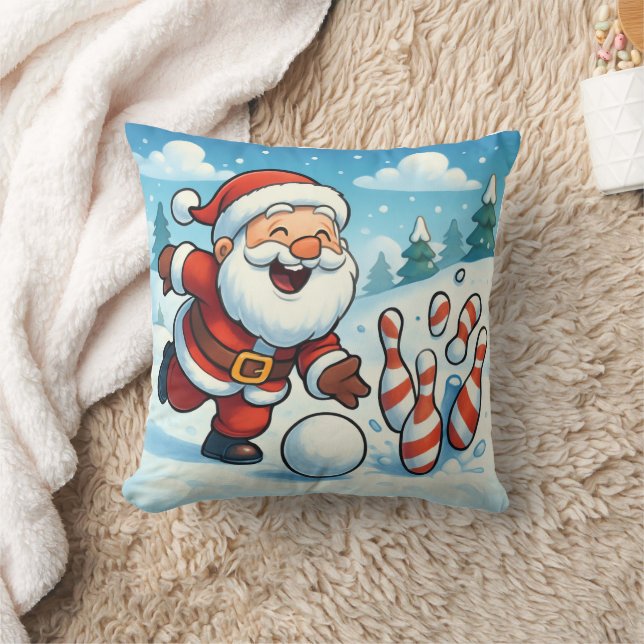 Personalized Striking Santa Bowling  Throw Pillow (Blanket)