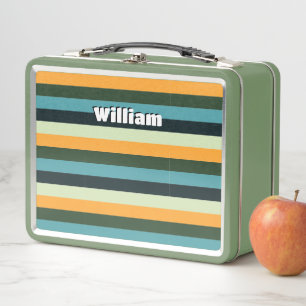 Personalized Stripe Pattern Monogram Blue Yellow Metal Lunch Box