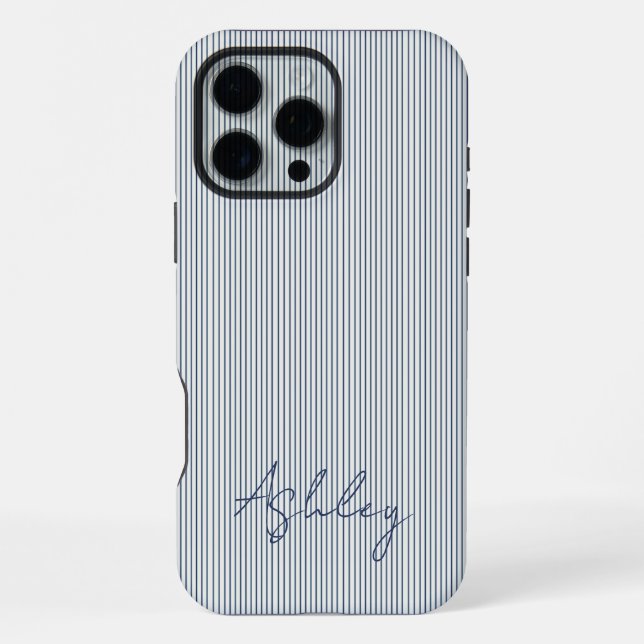 Personalized Striped Blue Tones Minimalist Chic iPhone Case (Back)