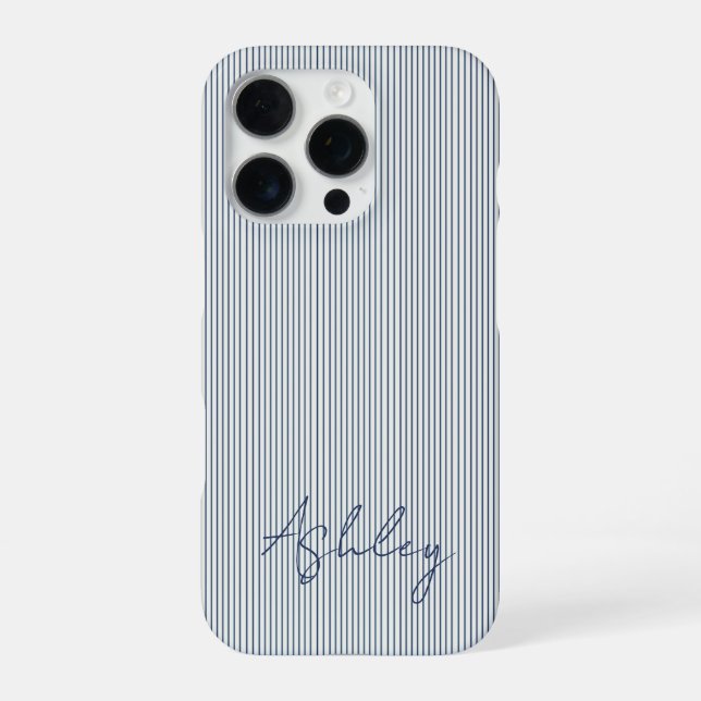 Personalized Striped Blue Tones Minimalist Chic iPhone Case (Back)