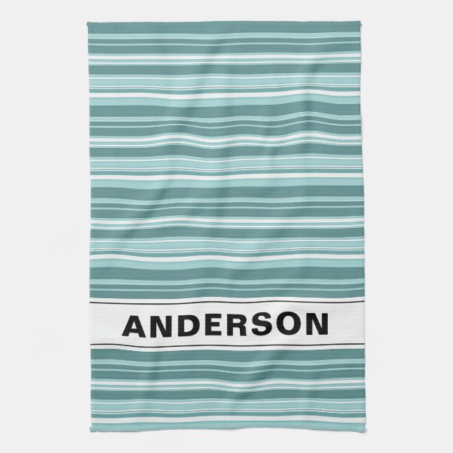 Personalized Stripes - Teal Green Blue Kitchen Towel (Vertical)