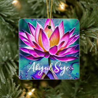 Personalized Stunning Pink Lotus Flower Christmas Ceramic Ornament