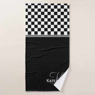Personalized stylish black and white check bath towel set