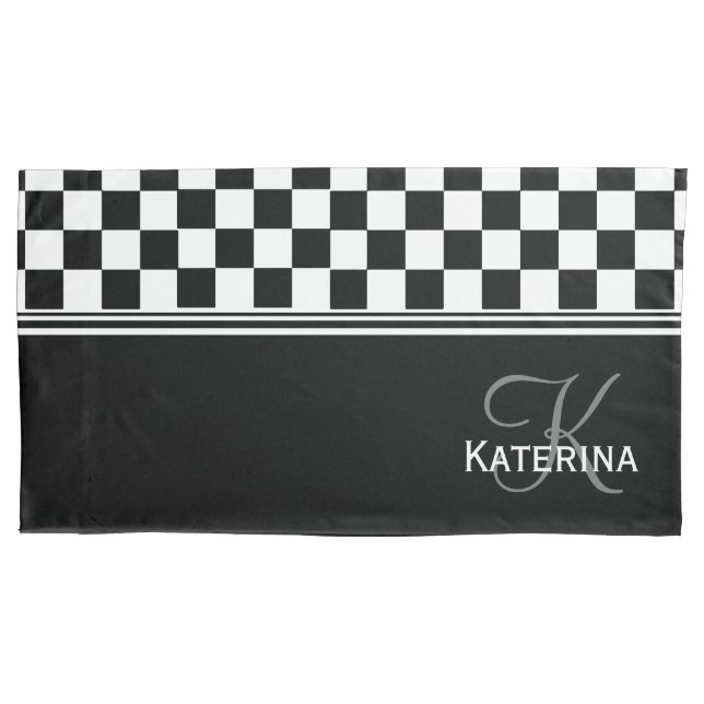 Personalized stylish black and white check pillowcase (Front)