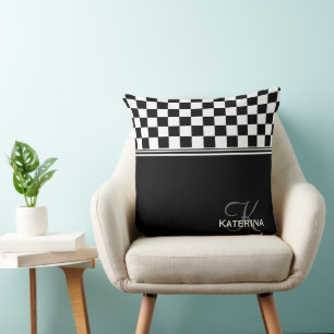 Personalized stylish black and white check throw pillow