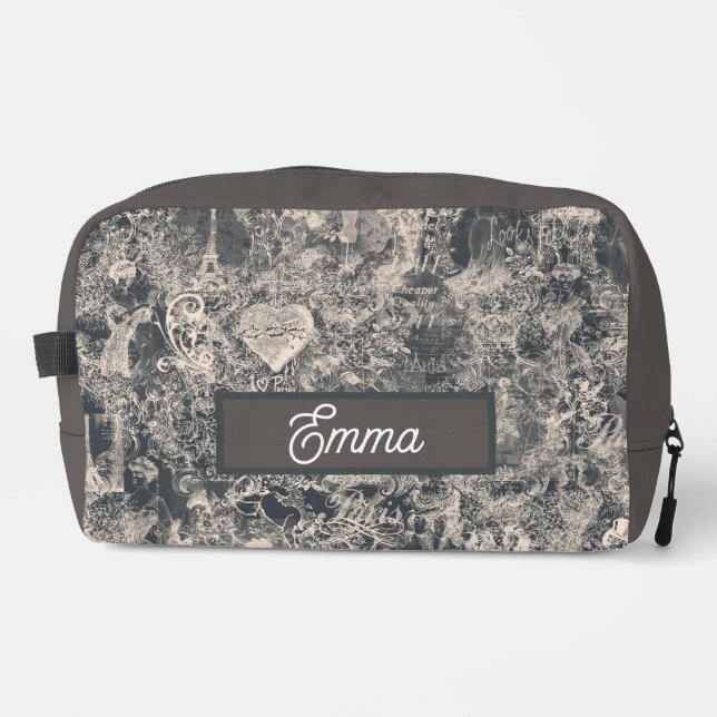 Personalized Stylish Black Paris Toile Design Dopp Kit (Front)
