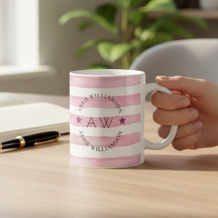 personalized stylish monogram pink stripes coffee mug