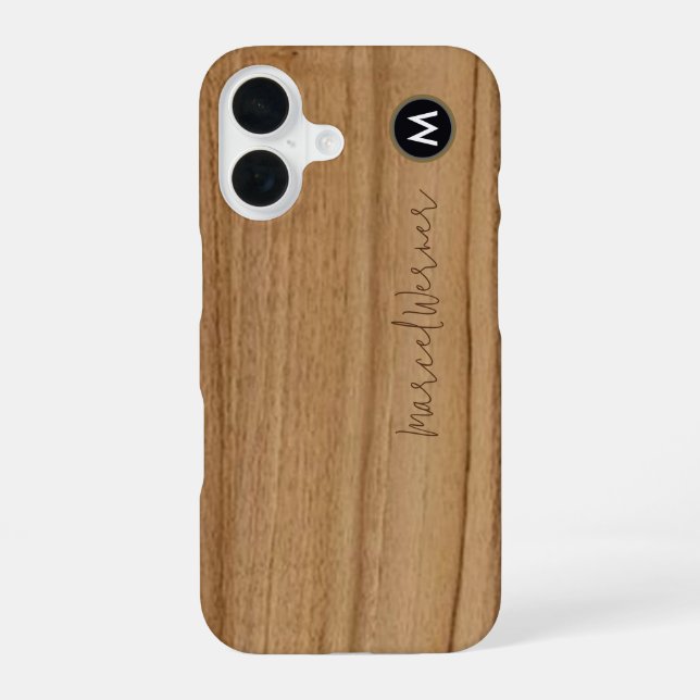personalized stylish Monogram Rustic Wood iPhone 16 Case (Back)