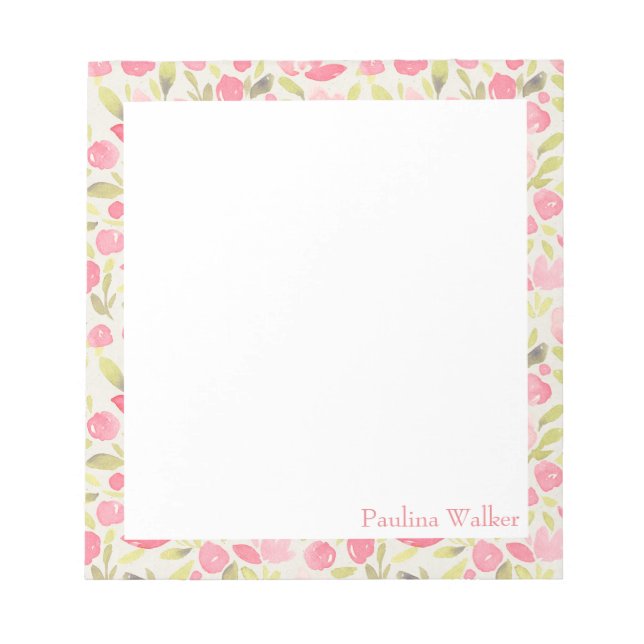 Personalized Stylish Pink Floral Watercolor Border Notepad (Front)