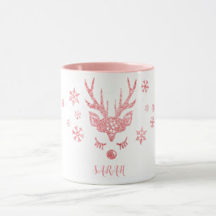Personalized Stylish Pink Snowflakes and Reindeer Mug