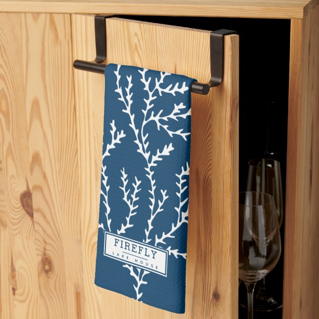 Personalized, Stylish Seaweed Pattern Teal Blue  Kitchen Towel (Thirds Fold)