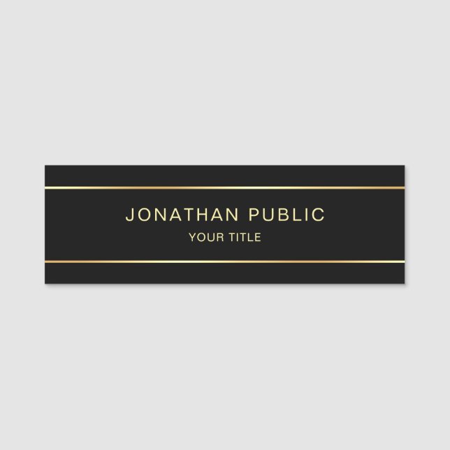Personalized Stylish Template Black And Gold Name Tag (Front)