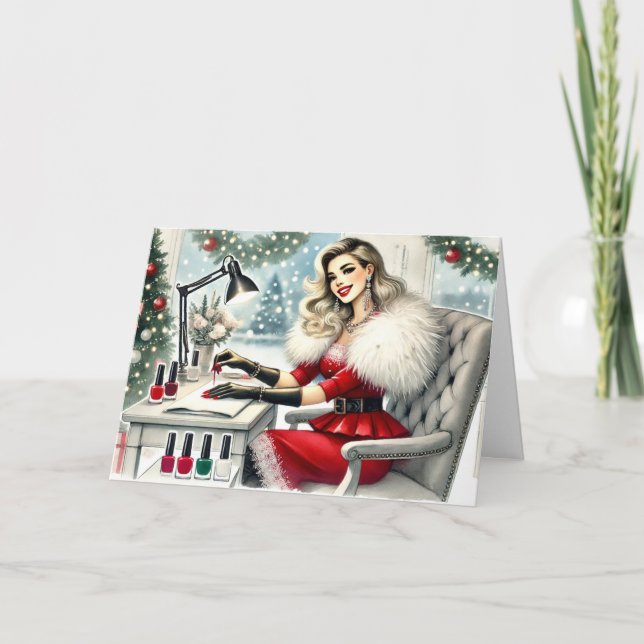 Personalized Stylish Woman Getting Manicure Xmas  Holiday Card (Front)