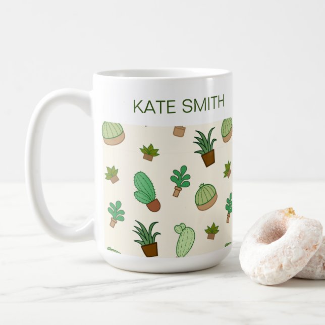 Personalized Succulent and Cactus in a Pot Pattern Coffee Mug (With Donut)