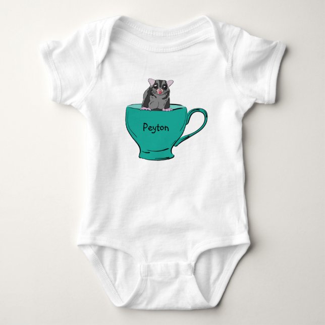 Personalized Sugar Glider in a Green Teacup Baby Bodysuit (Front)