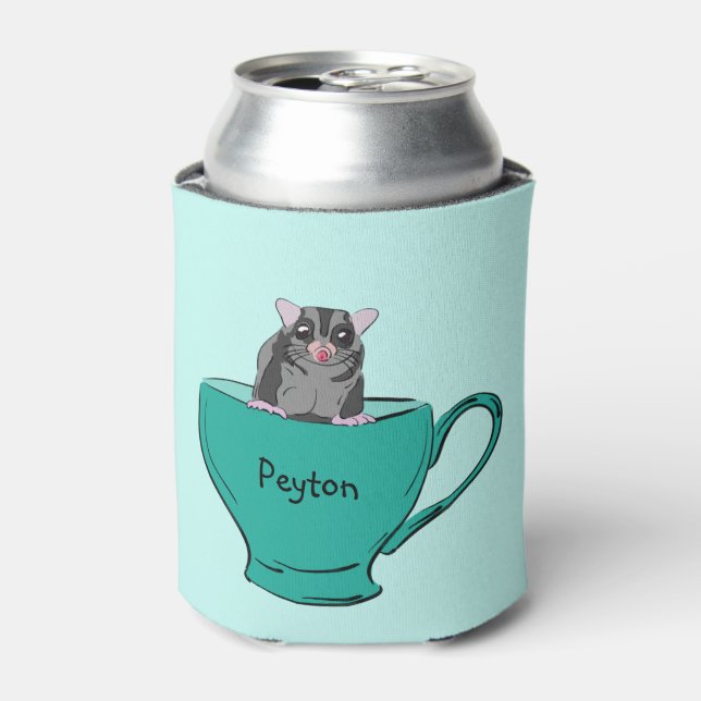 Personalized Sugar Glider in a Green Teacup Can Cooler (Can Front)