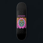 Personalized Sugar Skull Skateboard<br><div class="desc">A bold in your face edgy day of the dead skateboard personalized with painted sugar skull in orange,  turquoise and hot pink,  on a chalkboard background with a quirky font.</div>