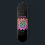 Personalized Sugar Skull Skateboard<br><div class="desc">A bold in your face edgy day of the dead skateboard personalized with painted sugar skull in orange, turquoise and hot pink, on a chalkboard background with a quirky font.</div>