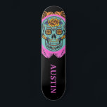 Personalized Sugar Skull Skateboard<br><div class="desc">A bold in your face edgy day of the dead skateboard with painted sugar skull in orange, turquoise and hot pink, on a chalkboard background with a quirky font.</div>