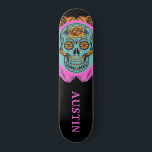 Personalized Sugar Skull Skateboard<br><div class="desc">A bold in your face edgy day of the dead skateboard with painted sugar skull in orange, turquoise and hot pink, on a chalkboard background with a quirky font.</div>