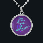 Personalized Suicide Awareness Gone But Not Sterling Silver Necklace<br><div class="desc">Personalized Suicide Awareness Gone But Not Forgotten Necklace
This Sterling Silver Necklace has a Design of a Heart made of teal and
 purple with "Suicide Awareness" inside. Teal Lettering. And a 
Personalized Name of a Loved One Who Will Never Be Forgotten.
Easily Personalized with Zazzles Designer Tools.
Beautiful Gift</div>