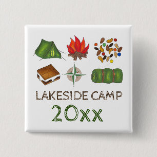 Personalized Summer Camp S'mores Tent Compass Fire 2 Inch Square Button