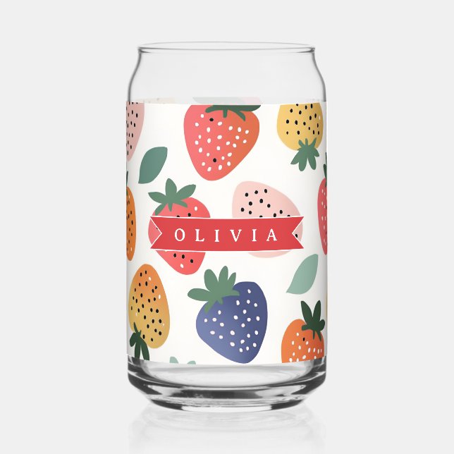 Personalized Summer Colourful Strawberry Pattern Can Glass (Front)
