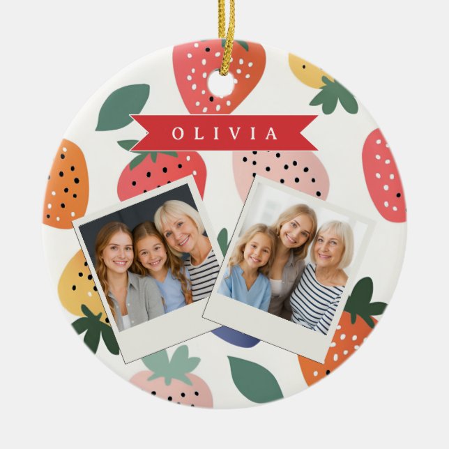 Personalized Summer Colourful Strawberry Pattern Ceramic Ornament (Front)