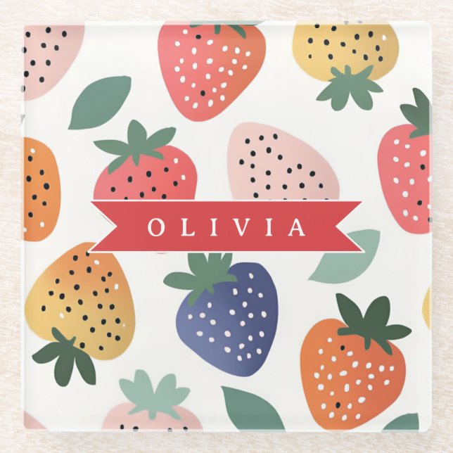 Personalized Summer Colourful Strawberry Pattern Glass Coaster (Front)