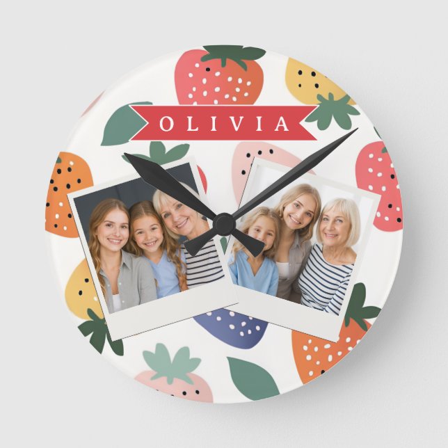 Personalized Summer Colourful Strawberry Pattern Round Clock (Front)