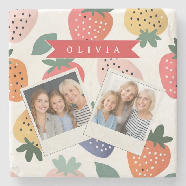 Personalized Summer Colourful Strawberry Pattern Stone Coaster (Front)