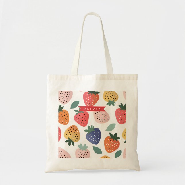 Personalized Summer Colourful Strawberry Pattern Tote Bag (Front)