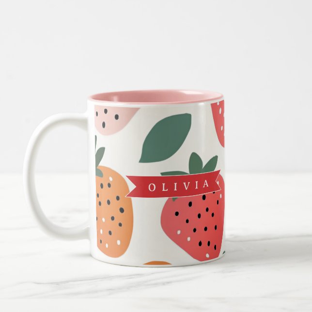 Personalized Summer Colourful Strawberry Pattern Two-Tone Coffee Mug (Left)
