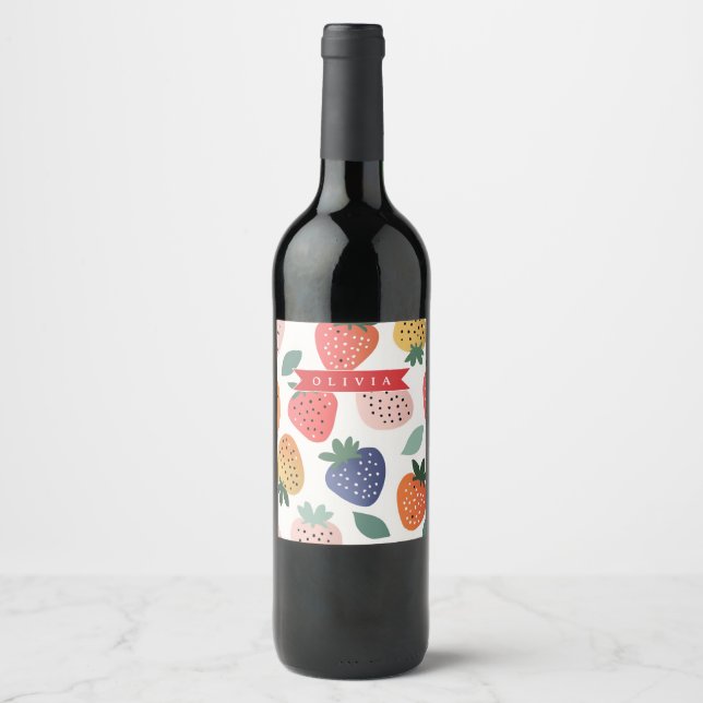 Personalized Summer Colourful Strawberry Pattern Wine Label (Front)