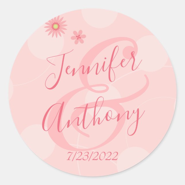 Personalized Summer Floral Pretty Pink Wedding Classic Round Sticker (Front)