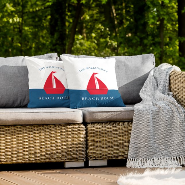 Personalized summer nautical beach house  throw pillow (personalized nautical red white and blue maritime throw pillow , ideal for family vacation home.)