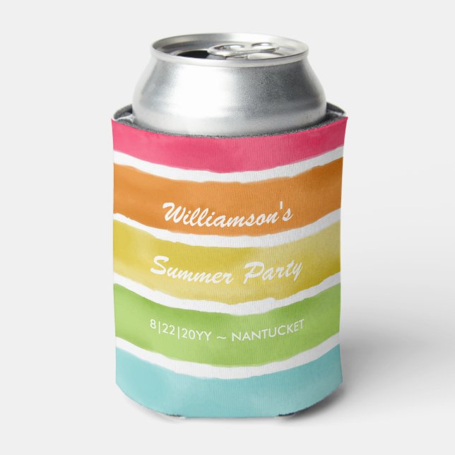 Personalized Summer Party Fun Colourful Striped Can Cooler (Can Front)