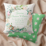 Personalized Summer Rose Garland Baby Birth Stats Throw Pillow<br><div class="desc">This pretty personalized birth stats keepsake throw pillow features a delicate watercolour garland of summer roses surrounding the baby's name and birth stats to personalize with your special new arrival details! The reverse has a cute daisy pattern on an emerald green background. You can customise the colour to a colour...</div>