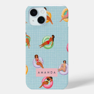Personalized Summer Women Relaxing on Pool Floats iPhone 15 Case