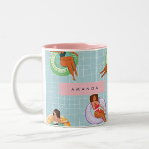 Personalized Summer Women Relaxing on Pool Floats Two-Tone Coffee Mug