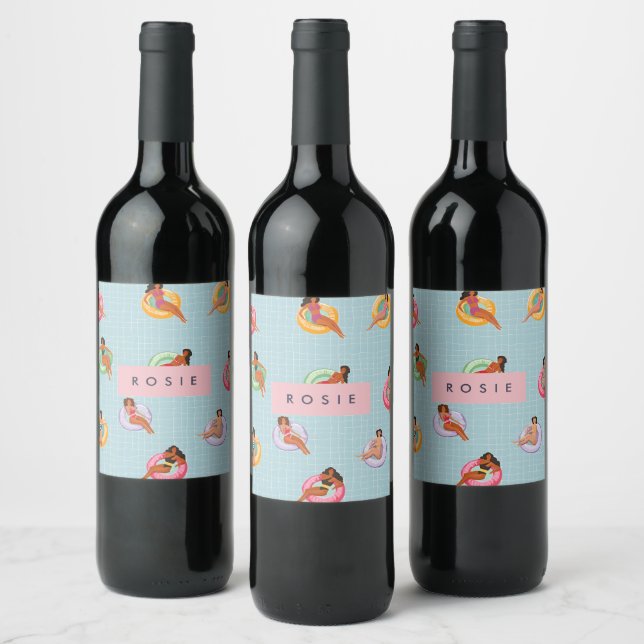 Personalized Summer Women Relaxing on Pool Floats Wine Label (Bottles)