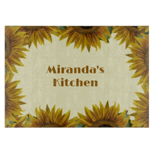 Personalized Sunflower Border Glass Cutting Board